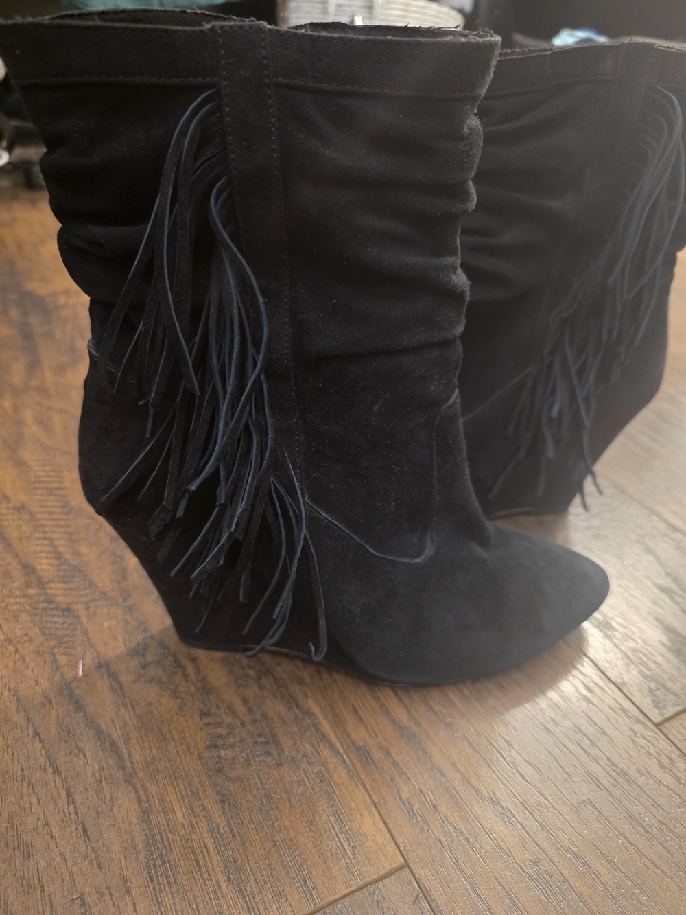 INC International Concepts Black Suede Fringe Wedge Boots